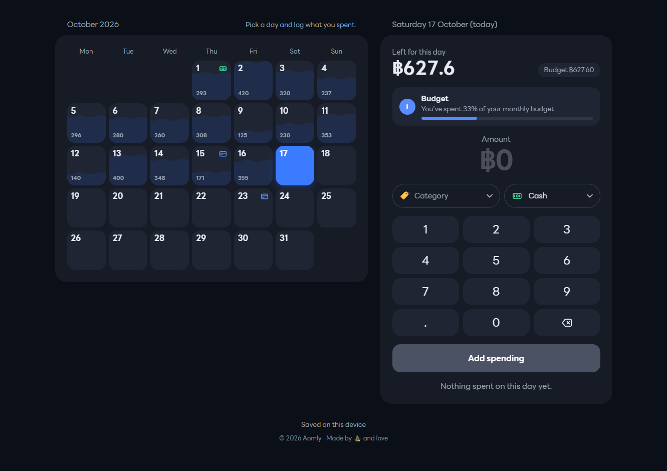 Aomly: Log spending in a few taps: amount, category and how you paid
