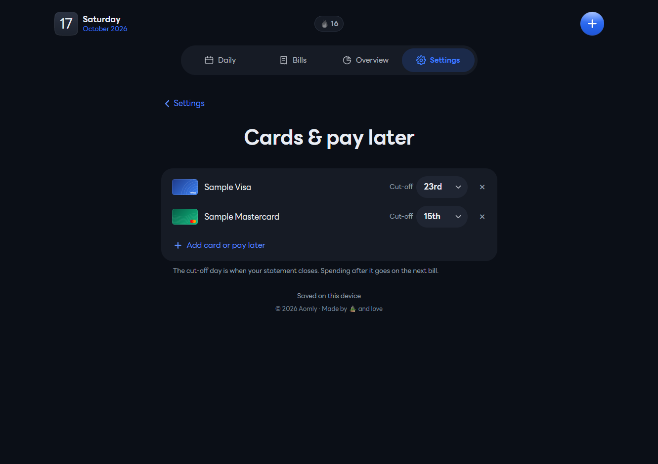 Aomly: Credit cards and pay-later plans, with each statement cut-off