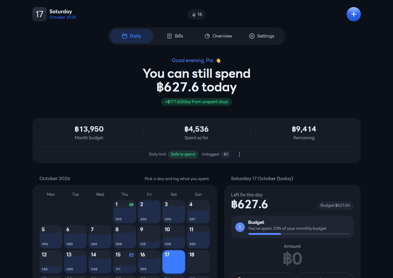 Aomly: What you can still spend today, the month budget and a calendar of every day