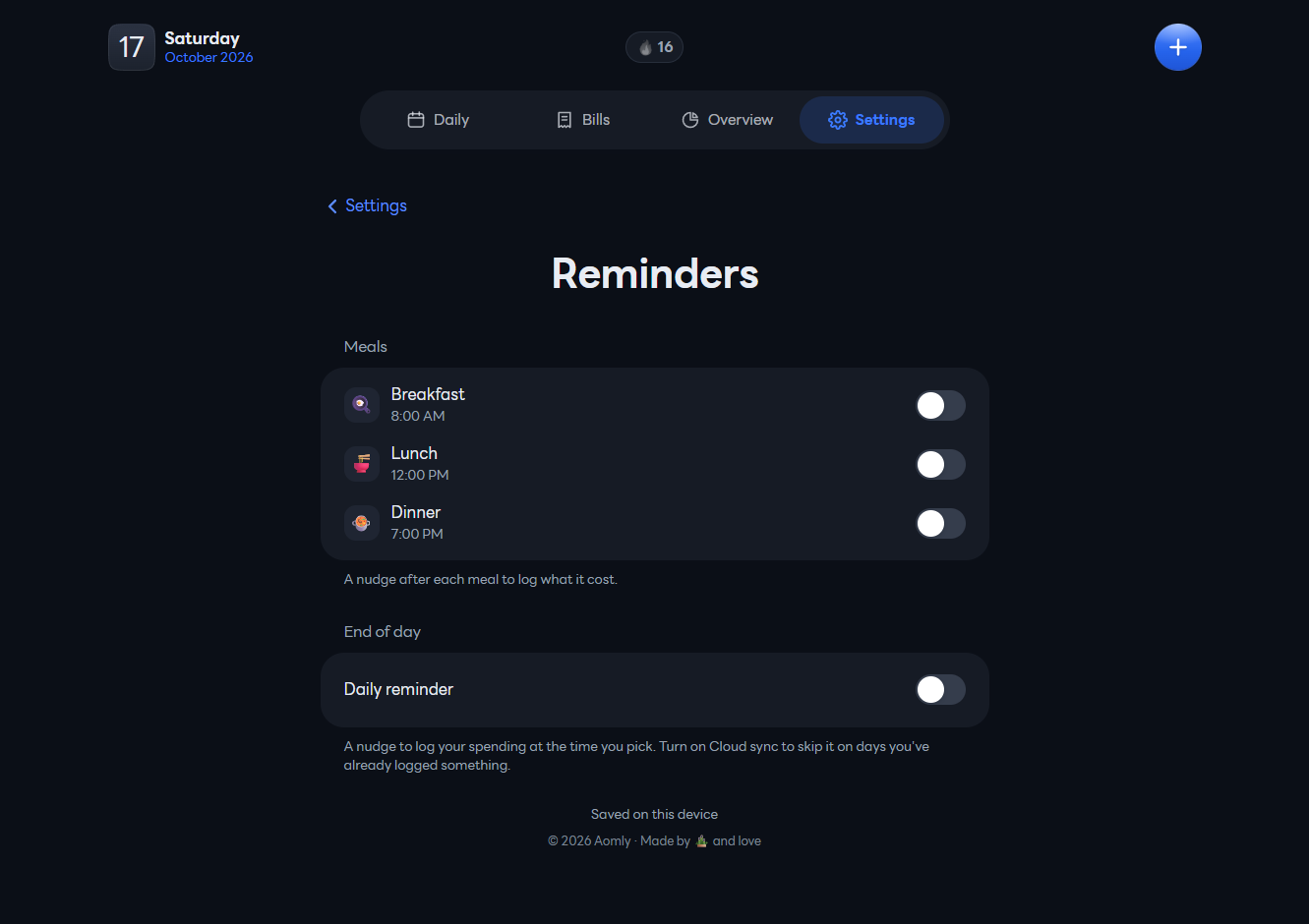 Aomly: Meal and end-of-day reminders to keep the streak going